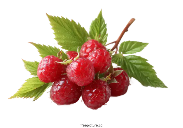 [Transparent Background PNG]Fresh Raspberries with Leaves on White Background