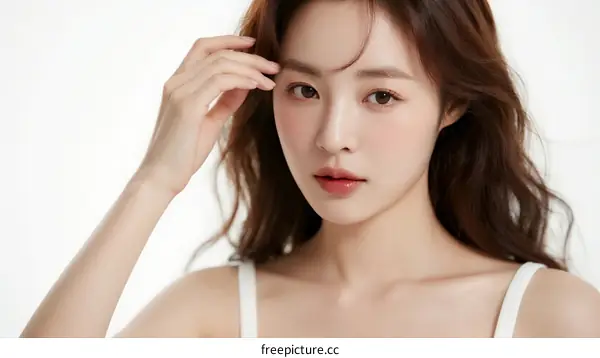 Portrait of young woman with natural makeup looking directly at camera