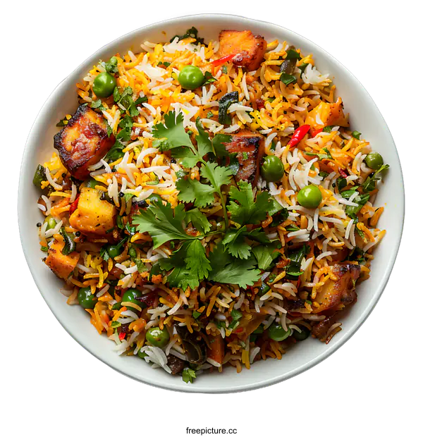 [Transparent Background PNG]Vegetable Biryani Indian Dish Overhead View