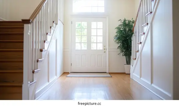 Elegant White Entryway with Wooden Staircase