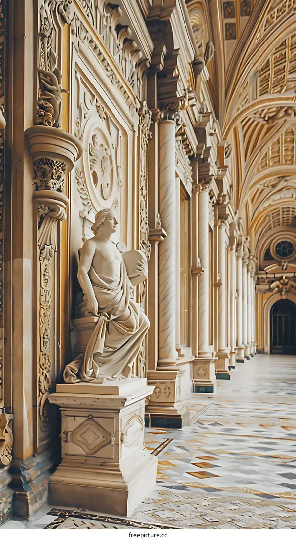 Classic Architecture Hallway With Statue In White Marble