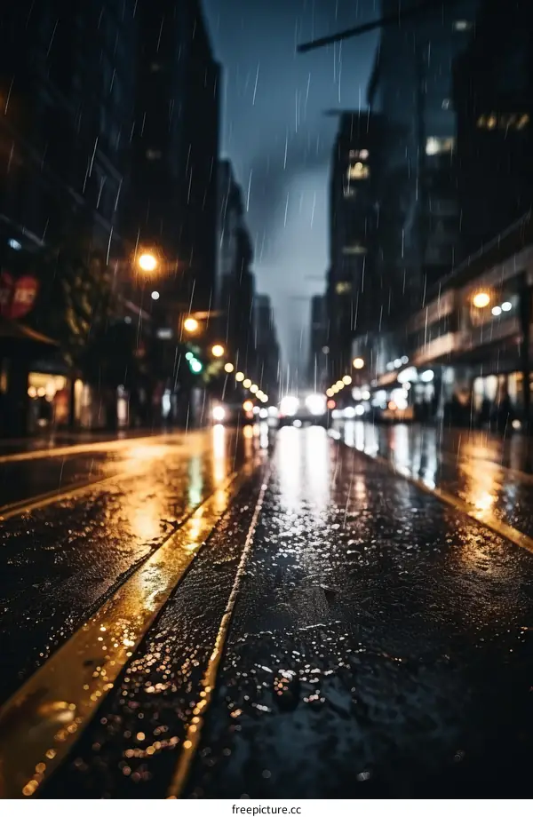Rainy city street with yellow tram tracks and blurred lights in the background
