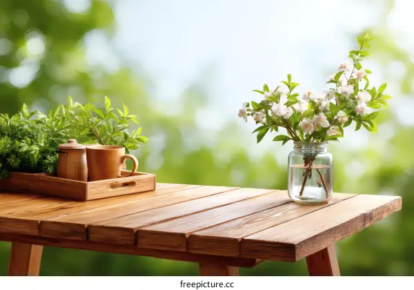 Springtime Outdoor Wooden Table Setting with Flowers