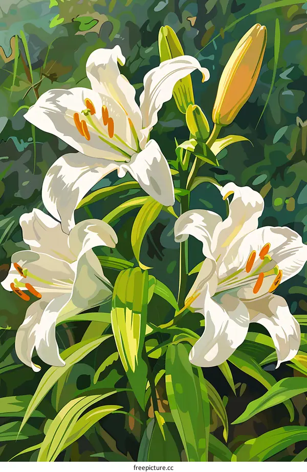 White Lily Flowers in Green Foliage
