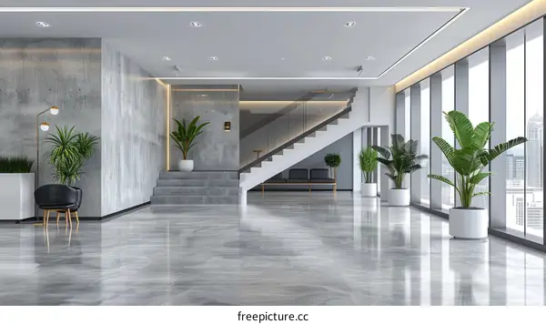 Modern office interior with marble floor, plants and large windows