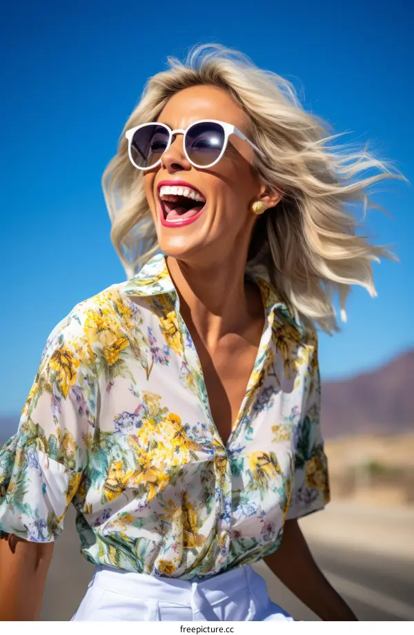 Laughing blonde woman in a floral shirt
