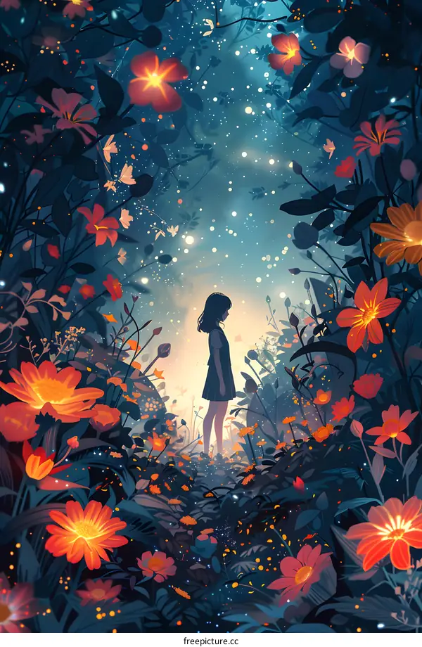 girl standing in a field of flowers at night