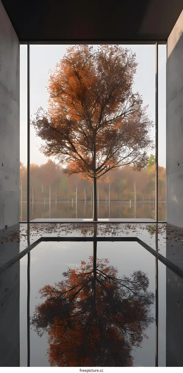 Minimalist Modern Home with Large Window and Autumn Tree Reflection in Pool