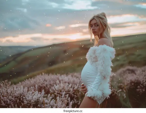 Pregnant woman standing in a field of flowers