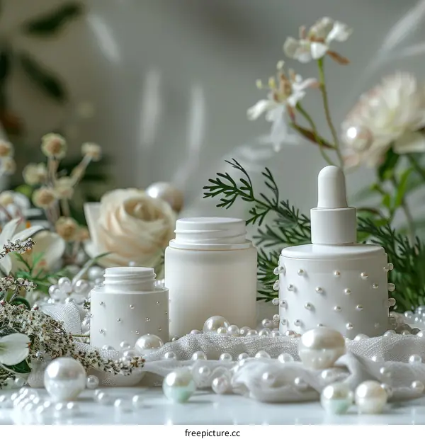 Three elegant white cosmetic bottles with pearls and flowers
