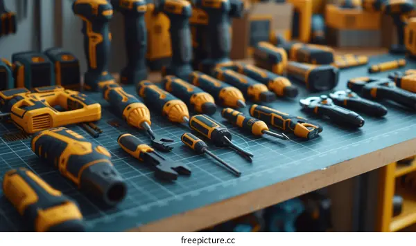A variety of power tools are displayed on a workbench.