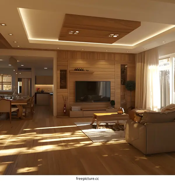 Modern Living Room Interior Design with Wooden Wall and Ceiling