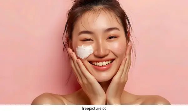 Happy Asian Woman Applying Face Cream On Pink Background
