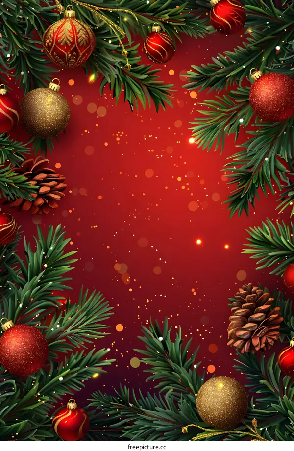 Christmas background with fir branches and red and golden balls