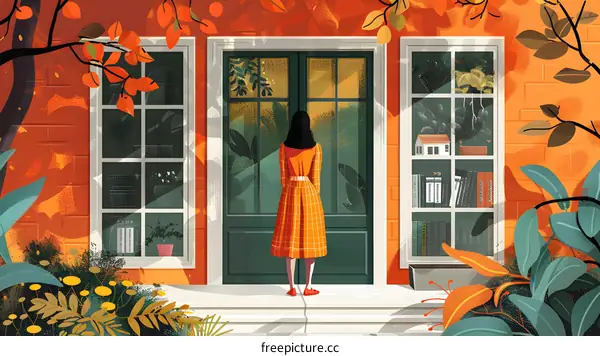 Woman Standing in Front of a Green Door in a Brick Building