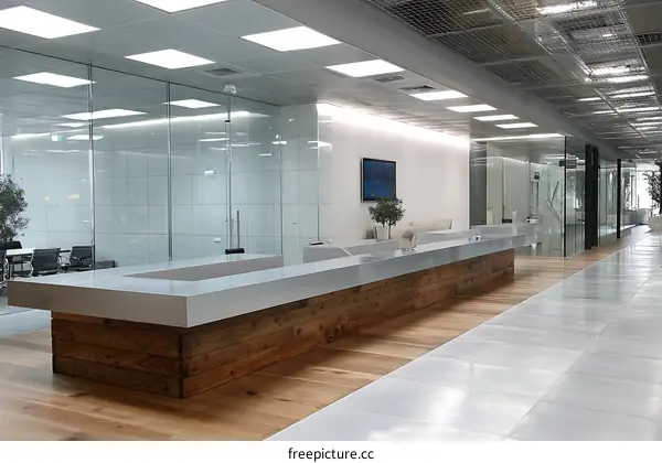 Modern Office Lobby with Wooden Reception Desk