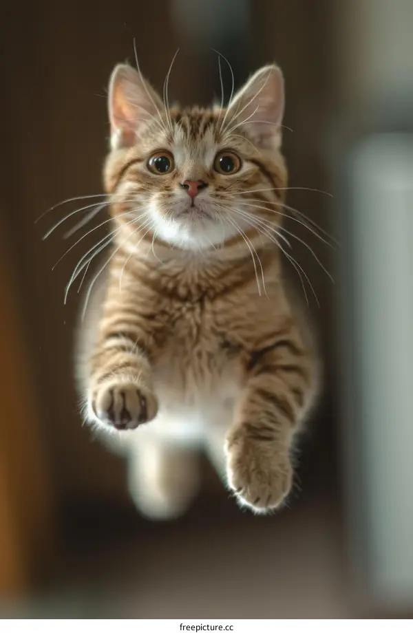 A tabby kitten leaps