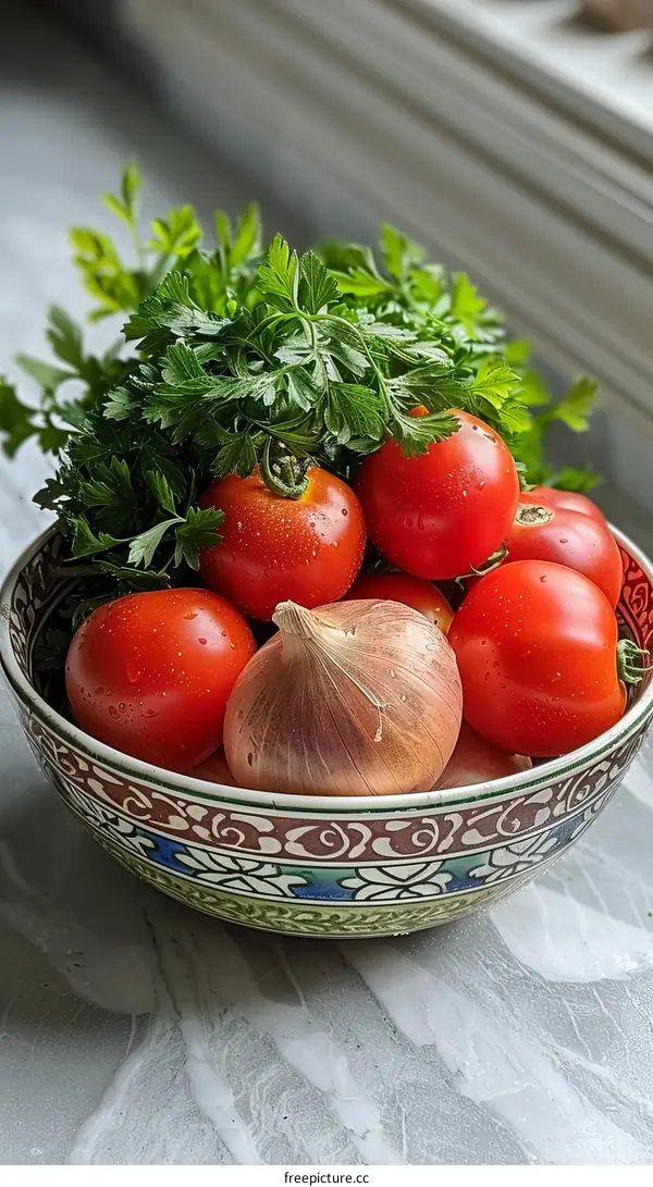 A bowl of tomatoes, onion and parsley
