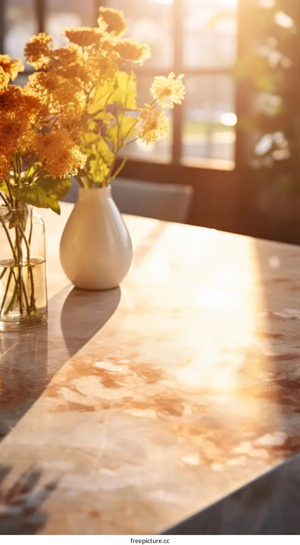Elegant marble table with vase of yellow flowers in sunlight