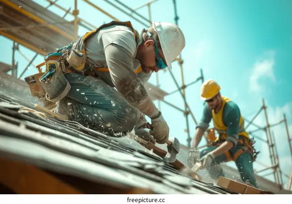 Two roofers working on a roof