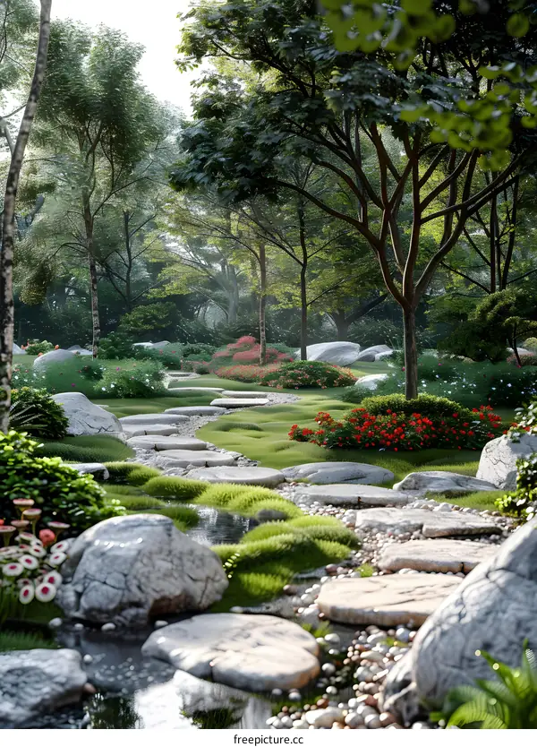 A beautiful garden with a stone path, trees, and flowers.