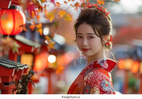 Portrait of a young woman in a red kimono standing in a garden with red maple leaves.
