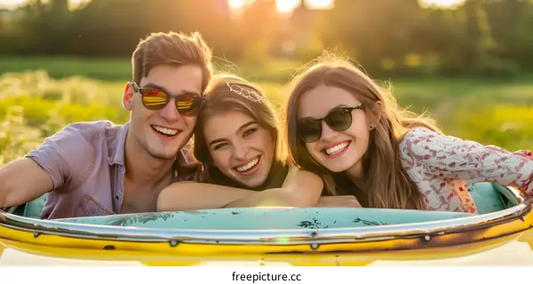 Happy Friends In A Yellow Convertible Car