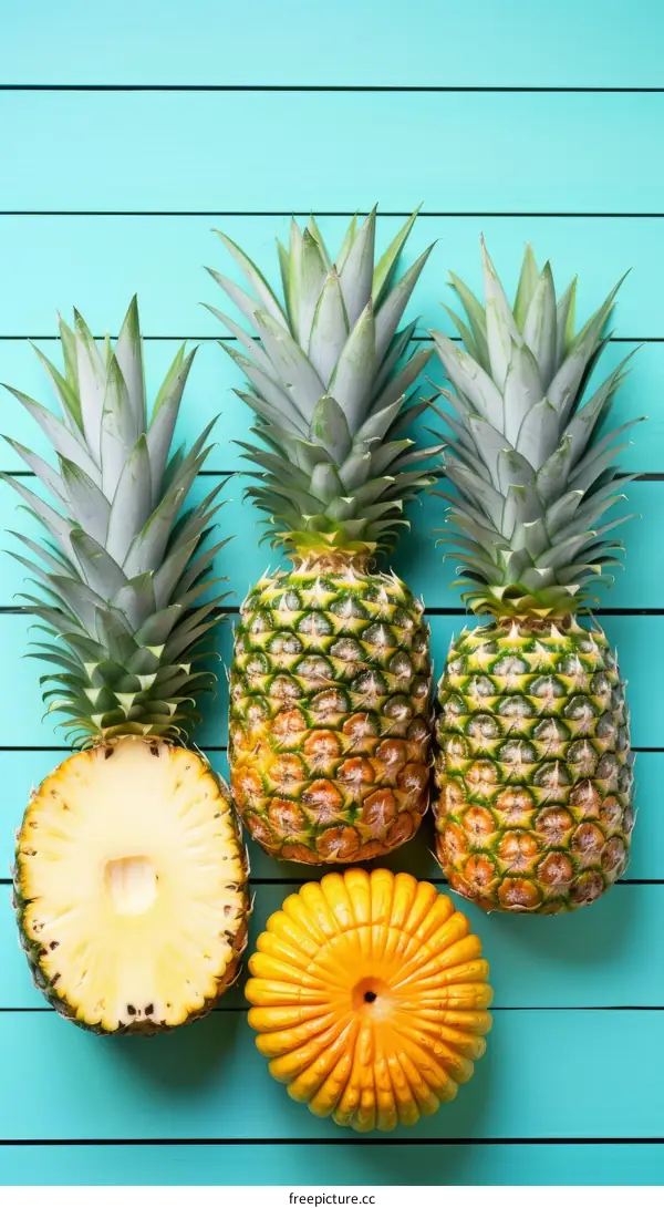 Three pineapples and a pumpkin on a blue wooden background