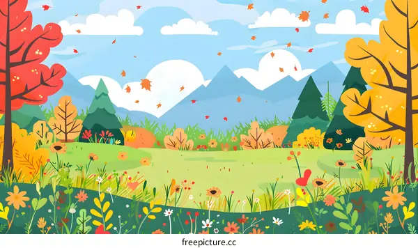 Autumn Landscape Illustration with Falling Leaves