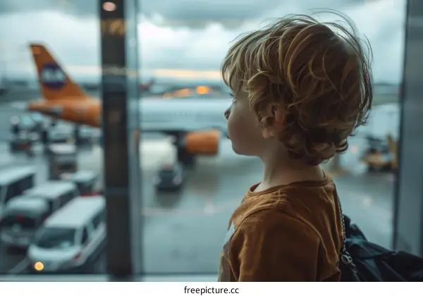 Little boy looking out the window at the airport
