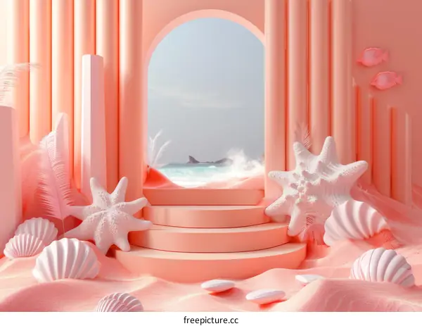 Modern Pastel Pink Beach Scene Illustration