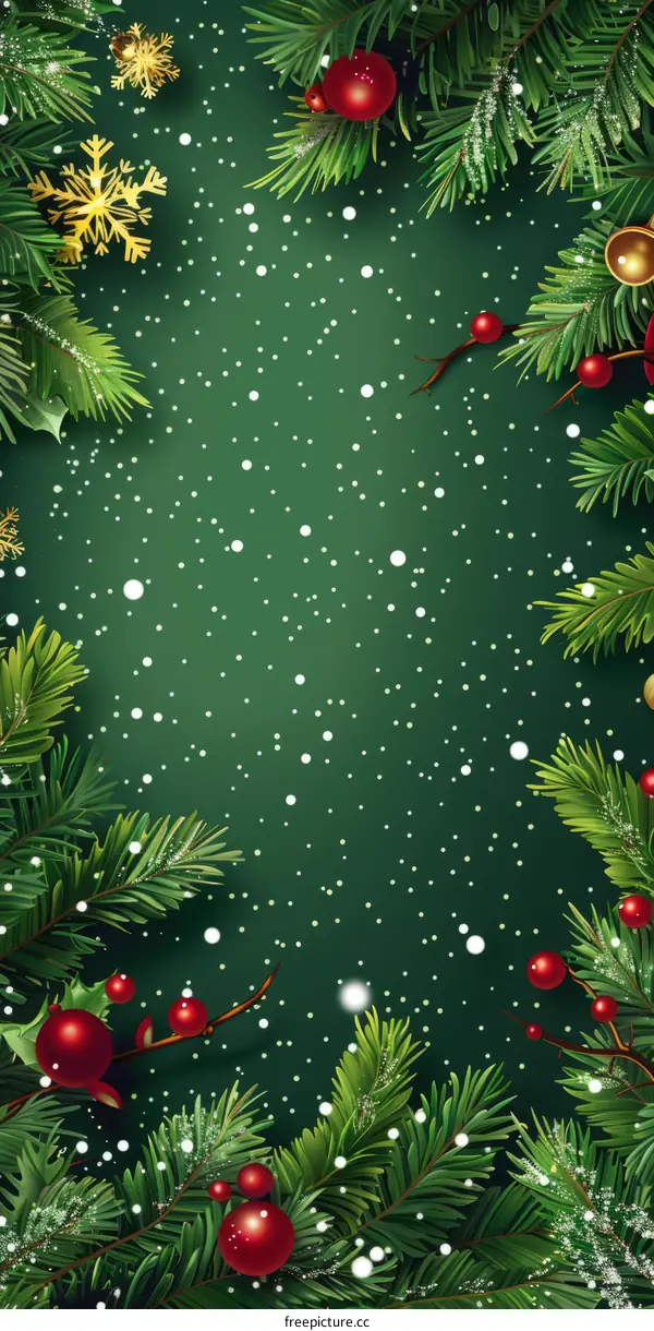 Christmas Background: Pine Branches, Red Berries, Snowflakes