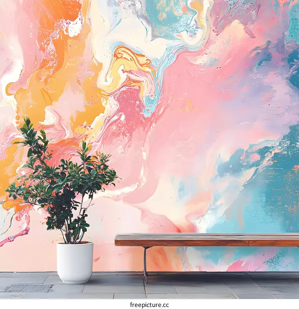 Abstract Colorful Swirls Wall Art with Plant and Bench