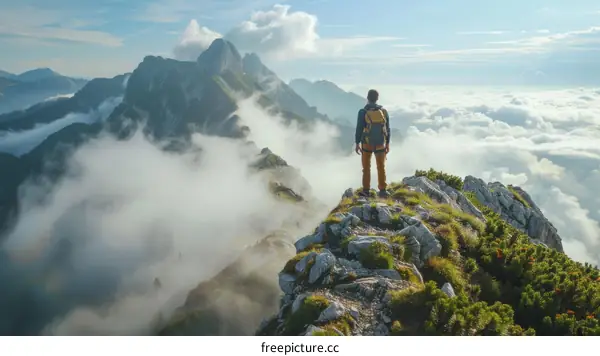 Man standing on a mountain peak looking at the clouds below