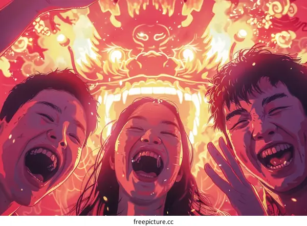 Three friends laughing with a dragon lantern in the background