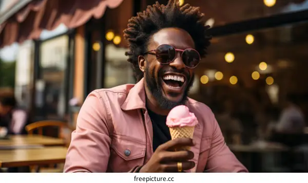 Laughing man eating ice cream outside