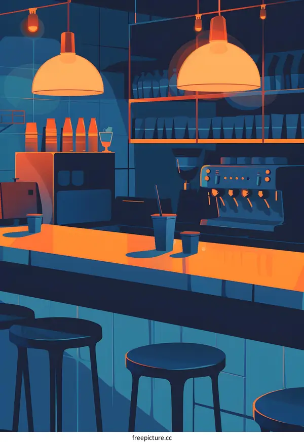 Night Cafe Interior Design Illustration with Orange and Blue Colors