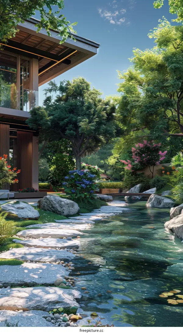 Traditional Japanese Courtyard with Pond and Stone Path