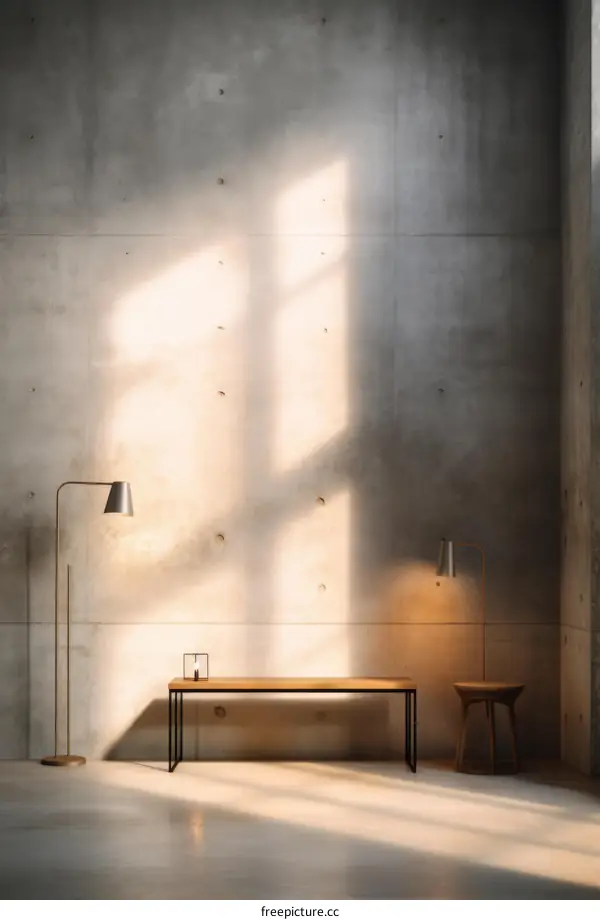 An empty room with a concrete wall, a wooden bench, a floor lamp and a table lamp