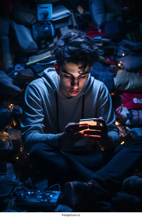 Young man looking at his phone in a dark room full of clutter