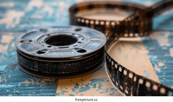 A roll of film on a blue and yellow surface