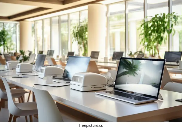 Modern library interior with white tables, chairs, and computers