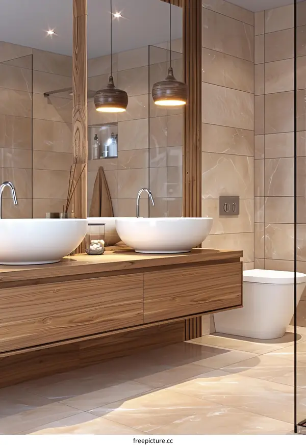 Modern Wooden Bathroom Vanity with Pendant Lights