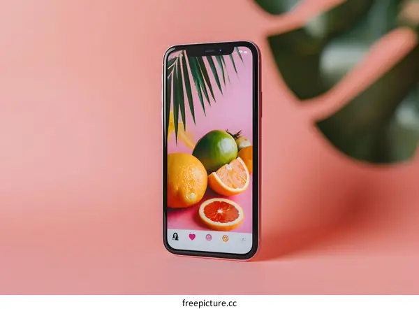 Pink Background Phone Displaying Fruit and Leaf Image