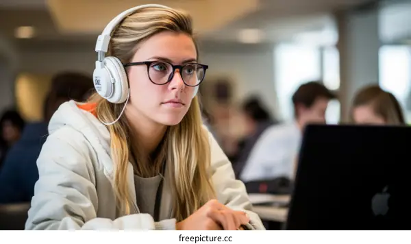 Young woman wearing headphones and glasses using laptop computer