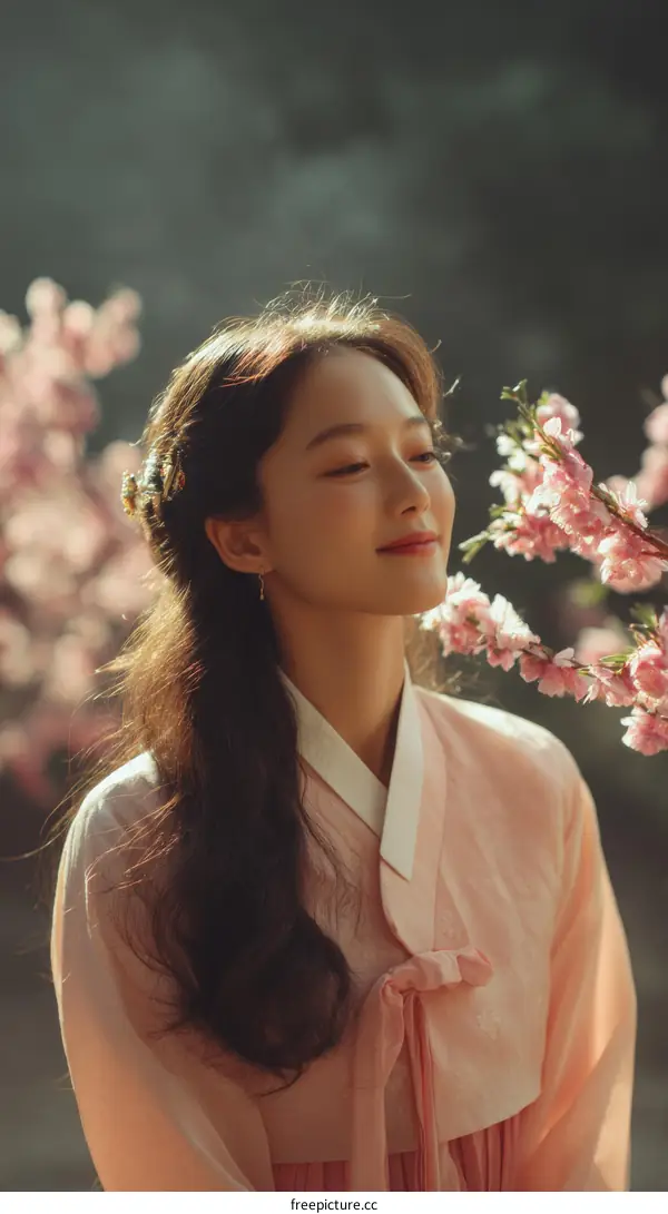 Beautiful Asian Woman in Traditional Korean Dress with Spring Blossoms