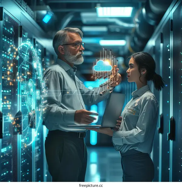 Two people in a server room looking at a digital cloud
