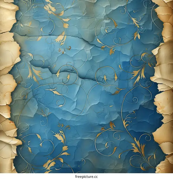 Blue and gold floral background with torn paper edges