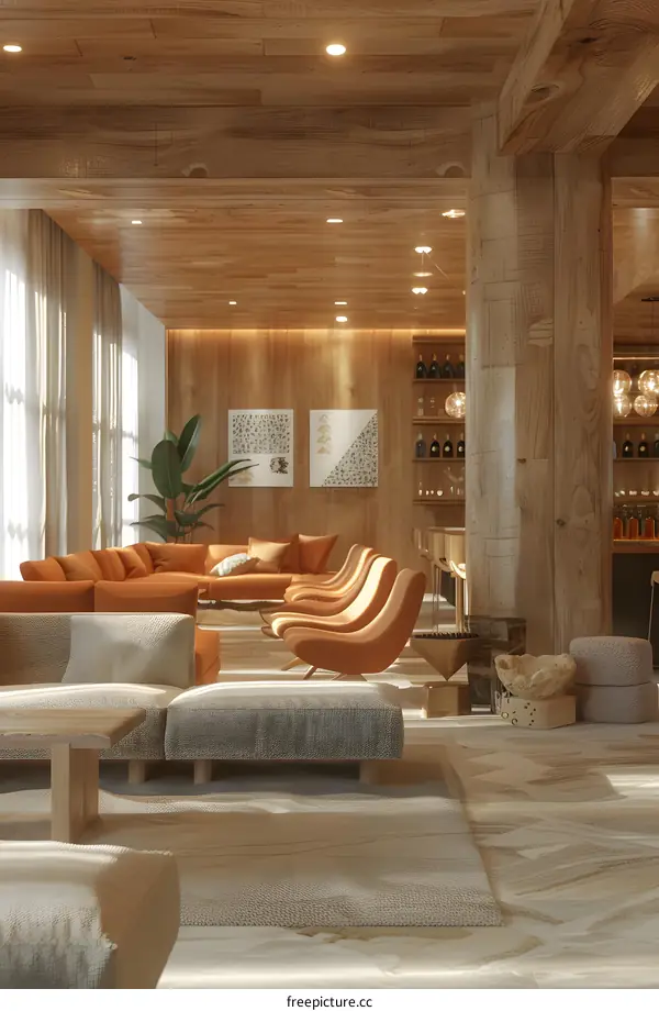 Hotel lobby with wooden pillar and orange armchairs