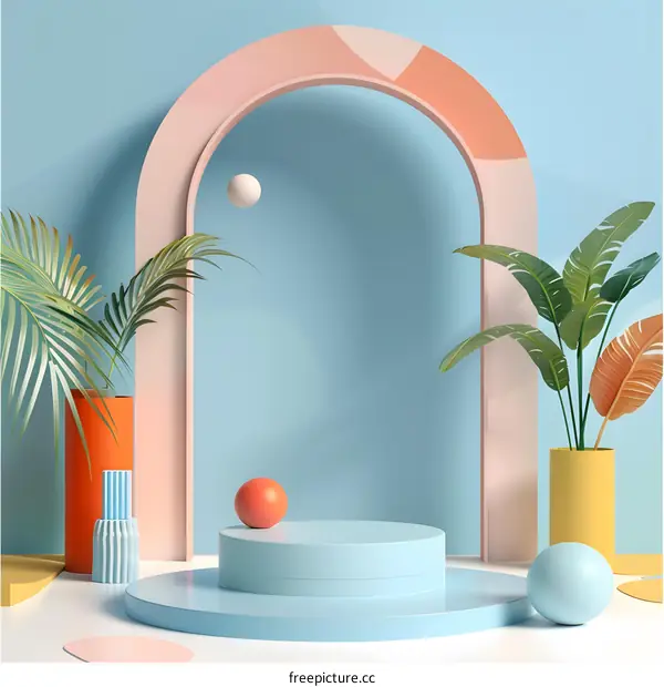 Abstract Archway Scene with Tropical Plants and  Pastel Colors